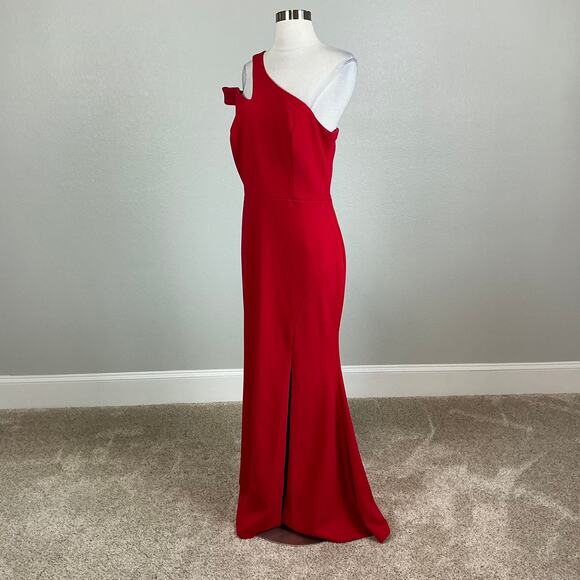 Red One Shoulder Evening Gown Size 14P XSCAPE Cut Out Thigh Slit Formal Dress - Picture 4 of 14